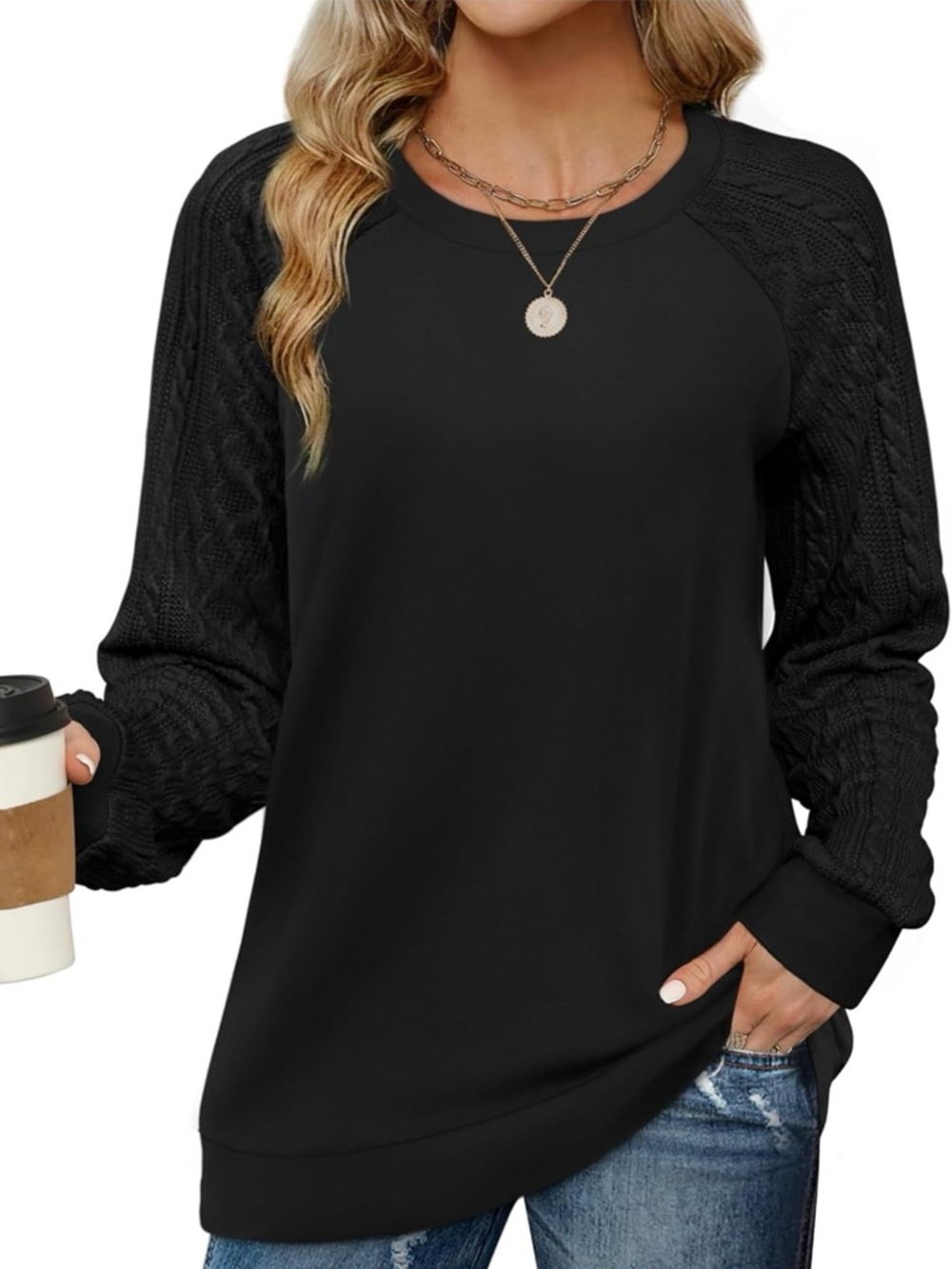 Amazon Women’s Black Cable-Knit Sleeve Crewneck Pullover